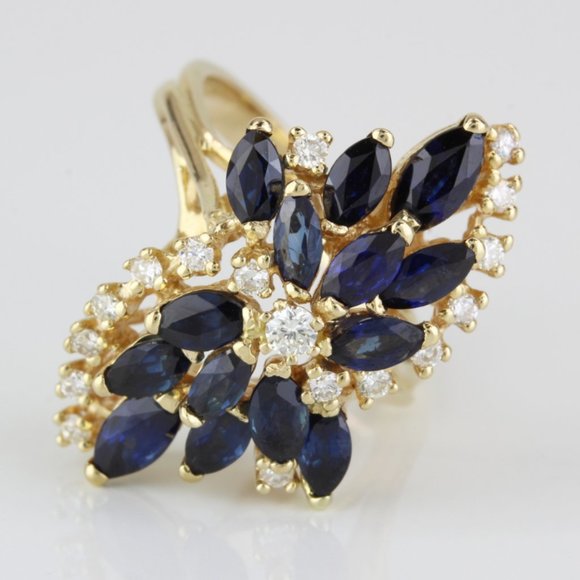 Jewelry - Vintage 14K Yellow Gold Blue Sapphire & Diamond Anniversary Cocktail Ring